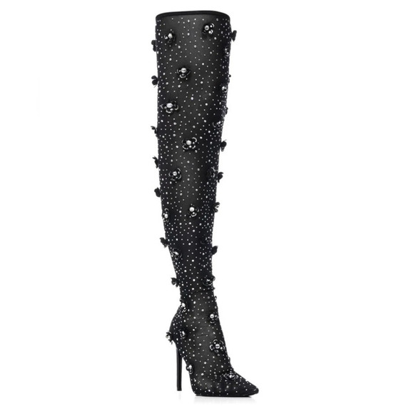 Azalea Wang Marlowe-Black Embellished Mesh Boot Sz 8.5